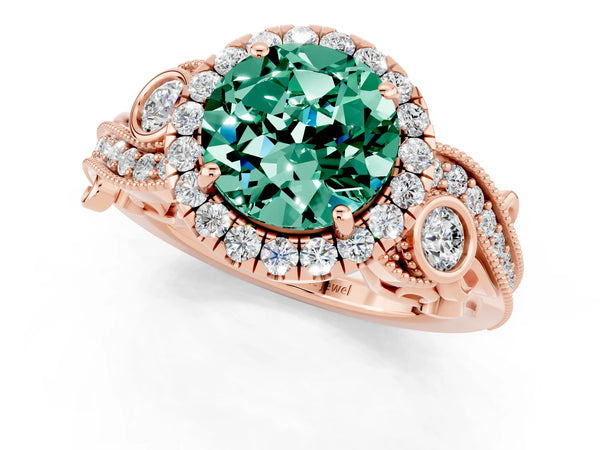 Rose gold Round Cut Green Sapphire Halo Ring with Milgrain Pavé Band and Four-Prong Setting