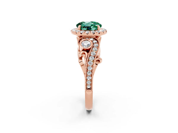 Rose gold Round Cut Green Sapphire Halo Ring with Milgrain Pavé Band and Four-Prong Setting