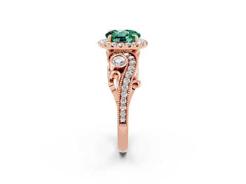 Rose gold Round Cut Green Sapphire Halo Ring with Milgrain Pavé Band and Four-Prong Setting_14