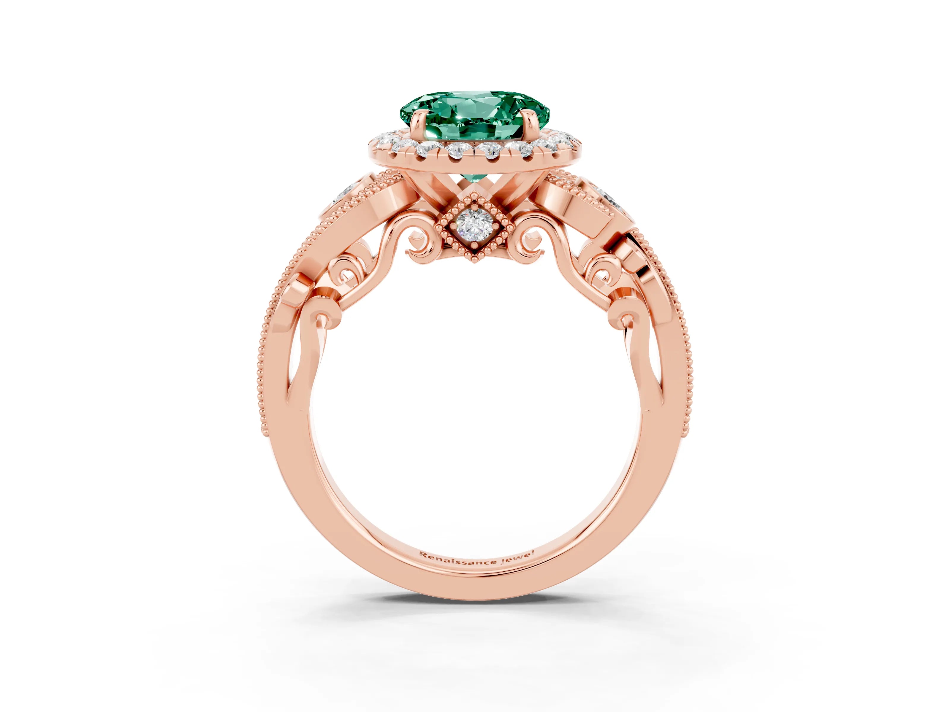 Rose gold Round Cut Green Sapphire Halo Ring with Milgrain Pavé Band and Four-Prong Setting_15