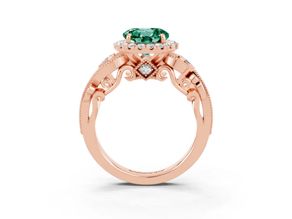 Rose gold Round Cut Green Sapphire Halo Ring with Milgrain Pavé Band and Four-Prong Setting