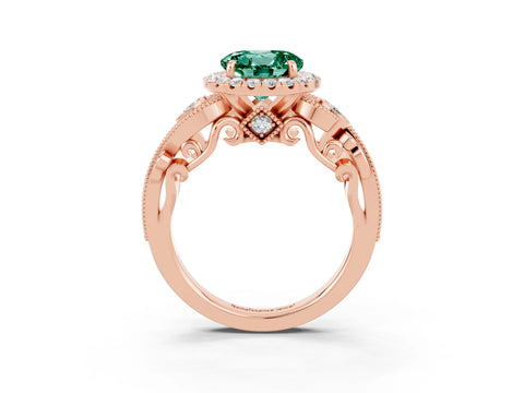 Rose gold Round Cut Green Sapphire Halo Ring with Milgrain Pavé Band and Four-Prong Setting_15