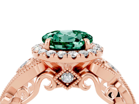 Rose gold Round Cut Green Sapphire Halo Ring with Milgrain Pavé Band and Four-Prong Setting_16