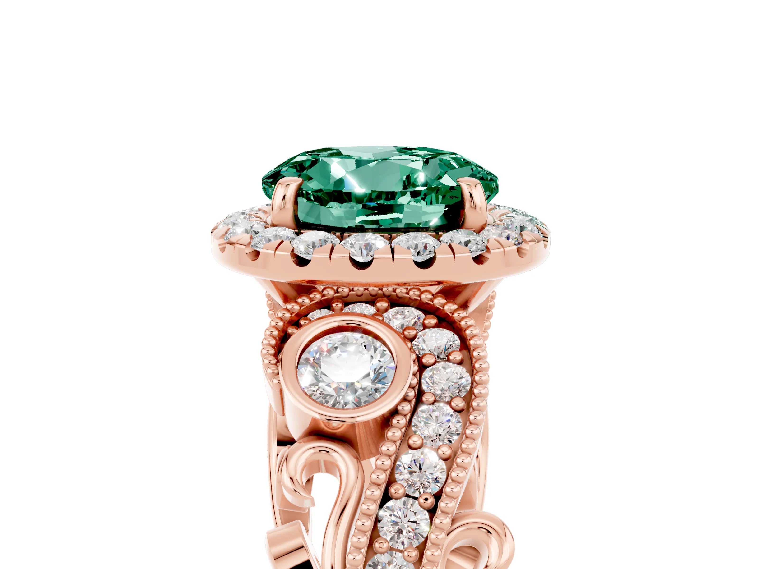 Rose gold Round Cut Green Sapphire Halo Ring with Milgrain Pavé Band and Four-Prong Setting_17