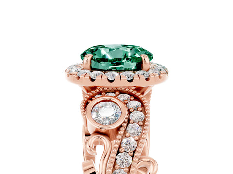 Rose gold Round Cut Green Sapphire Halo Ring with Milgrain Pavé Band and Four-Prong Setting_17