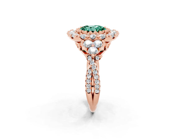 Rose gold Round Cut Green Sapphire Halo Ring with Pavé Band and Four-Prong Setting