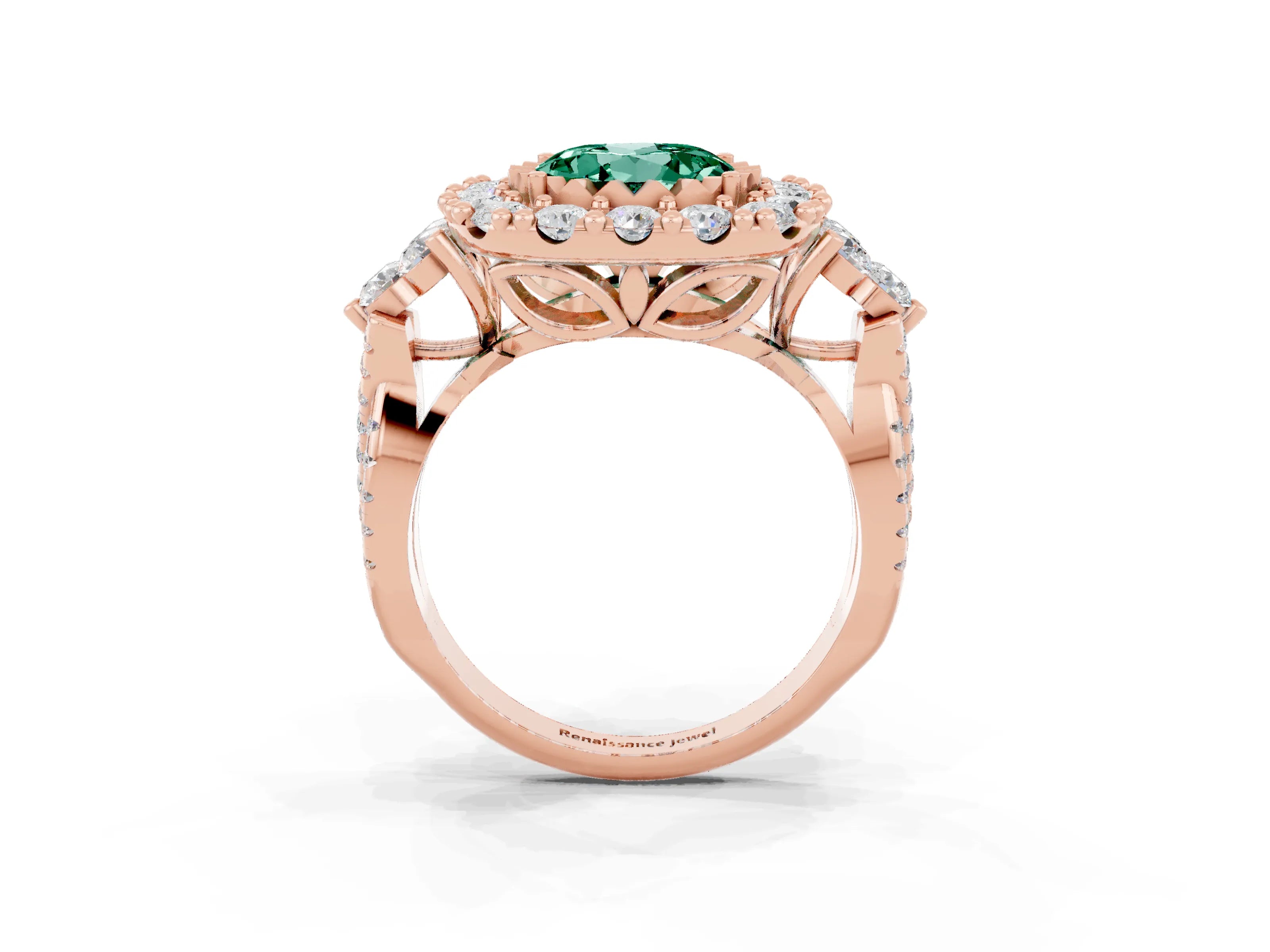 Rose gold Round Cut Green Sapphire Halo Ring with Pavé Band and Four-Prong Setting_15