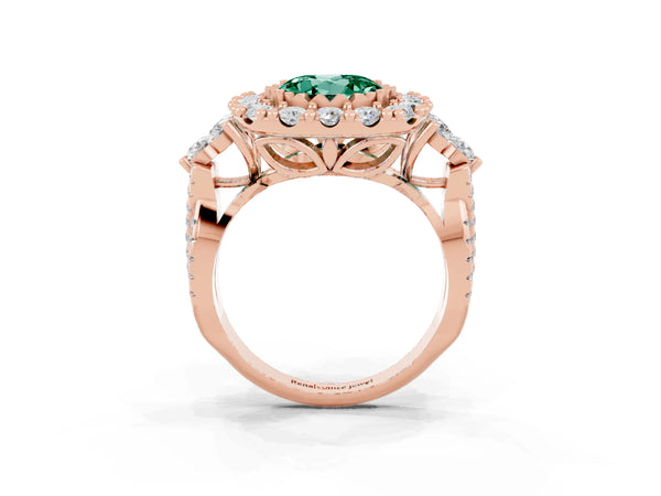 Rose gold Round Cut Green Sapphire Halo Ring with Pavé Band and Four-Prong Setting