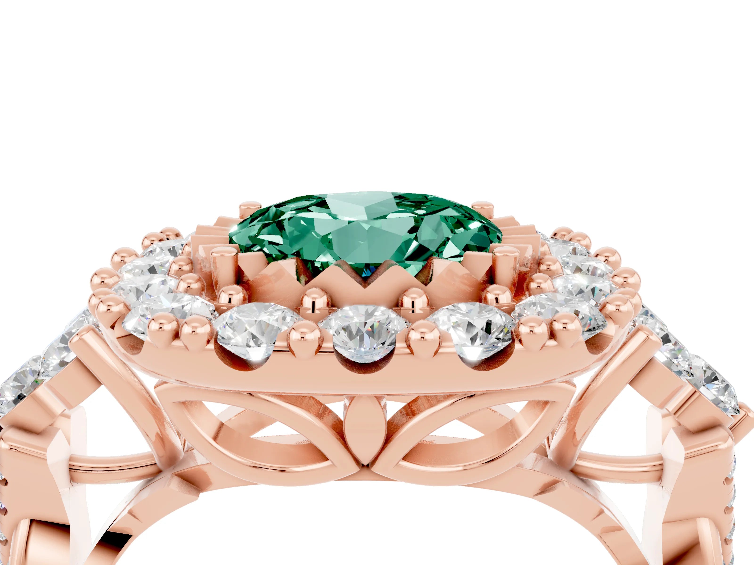 Rose gold Round Cut Green Sapphire Halo Ring with Pavé Band and Four-Prong Setting_16