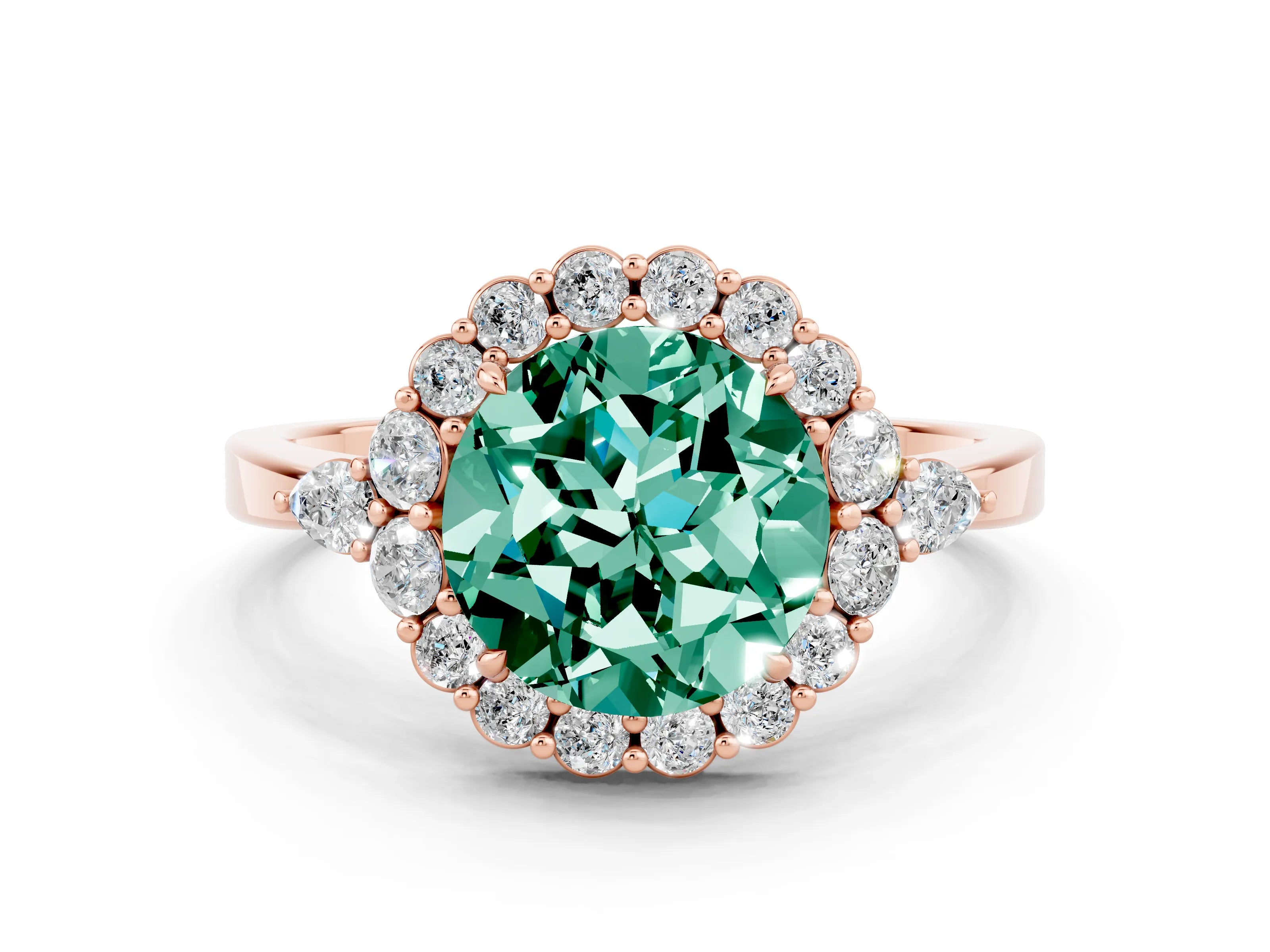 Rose gold Round Cut Green Sapphire Halo Ring with Pear Side Stones and Prong Setting_12