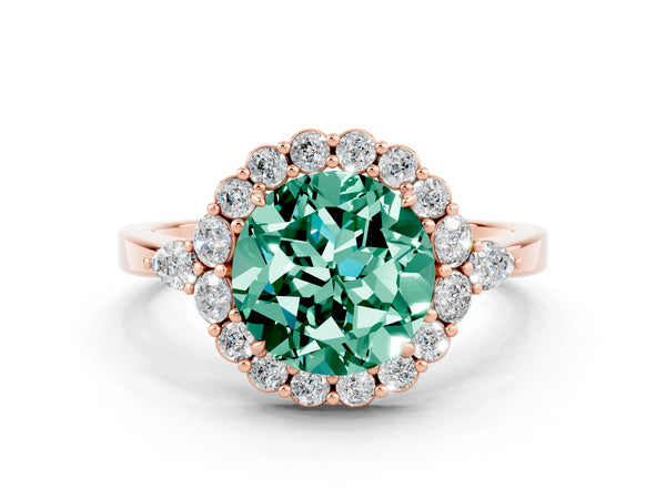Rose gold Round Cut Green Sapphire Halo Ring with Pear Side Stones and Prong Setting