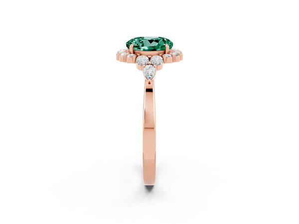 Rose gold Round Cut Green Sapphire Halo Ring with Pear Side Stones and Prong Setting