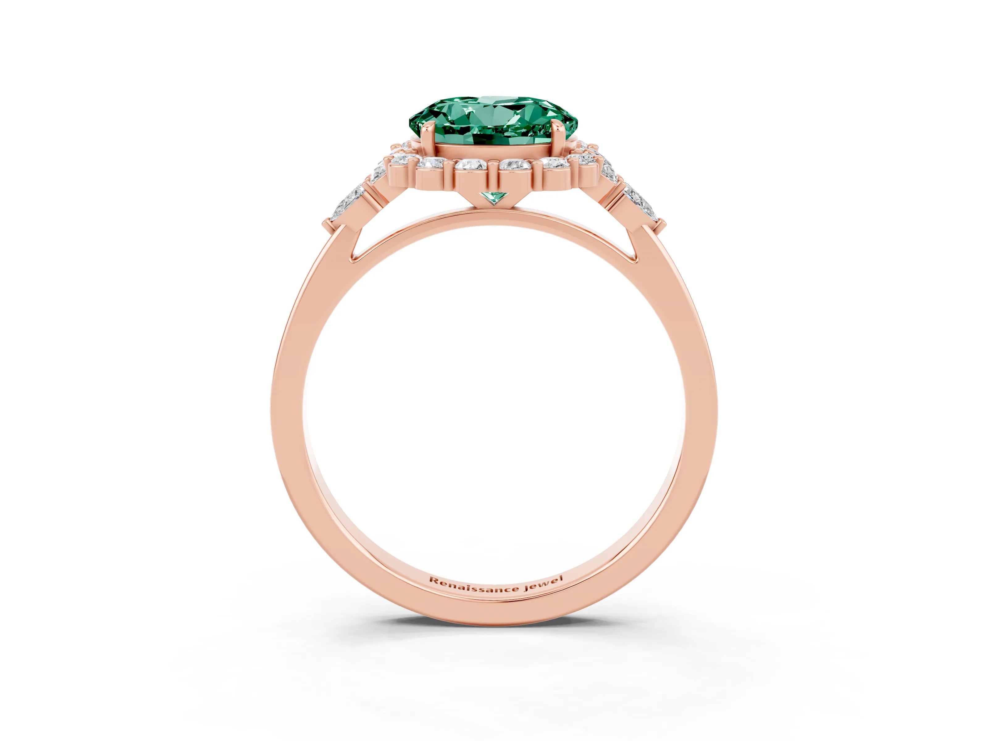 Rose gold Round Cut Green Sapphire Halo Ring with Pear Side Stones and Prong Setting_15