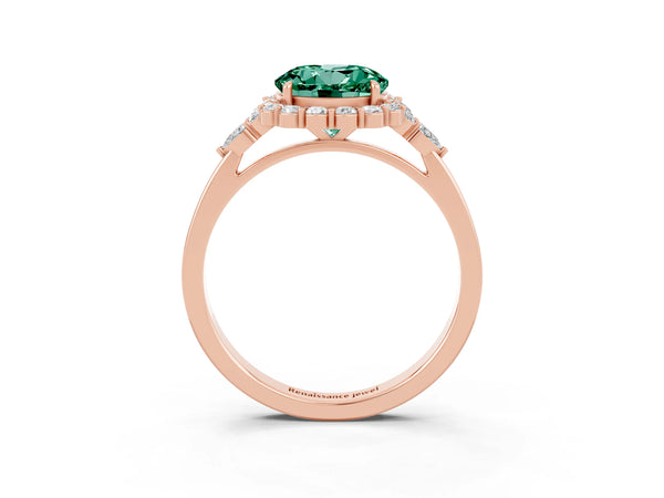 Rose gold Round Cut Green Sapphire Halo Ring with Pear Side Stones and Prong Setting