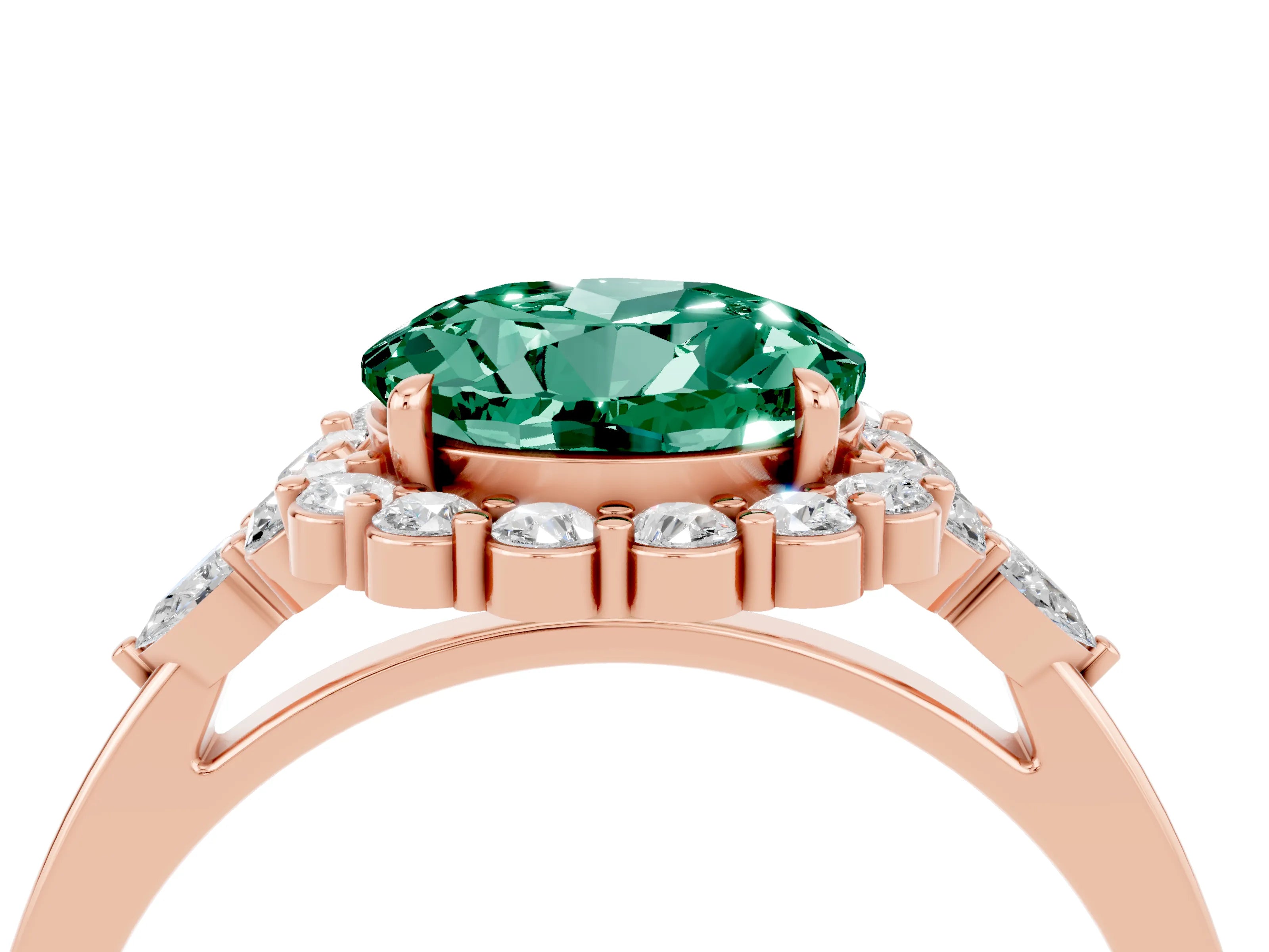 Rose gold Round Cut Green Sapphire Halo Ring with Pear Side Stones and Prong Setting_16
