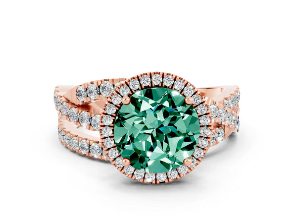 Rose gold Round Cut Green Sapphire Halo Ring with Round Split Shank and Prong Setting