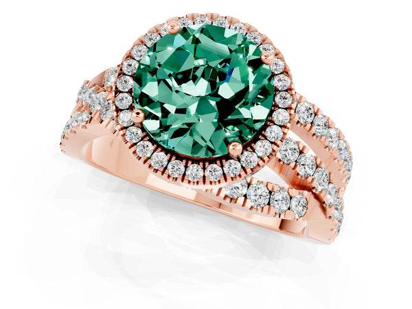 Rose gold Round Cut Green Sapphire Halo Ring with Round Split Shank and Prong Setting