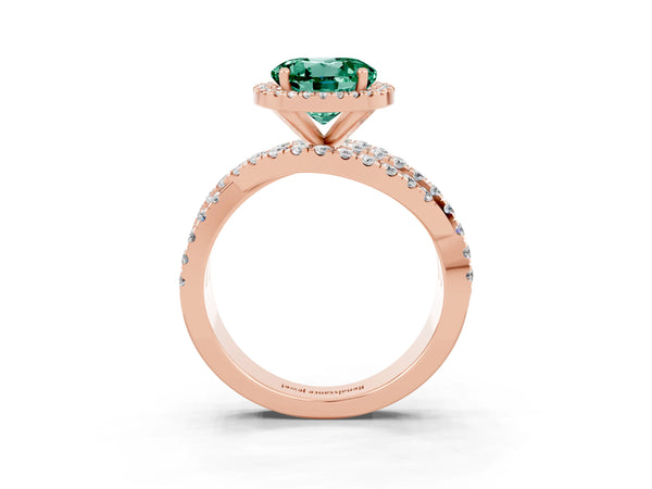 Rose gold Round Cut Green Sapphire Halo Ring with Round Split Shank and Prong Setting