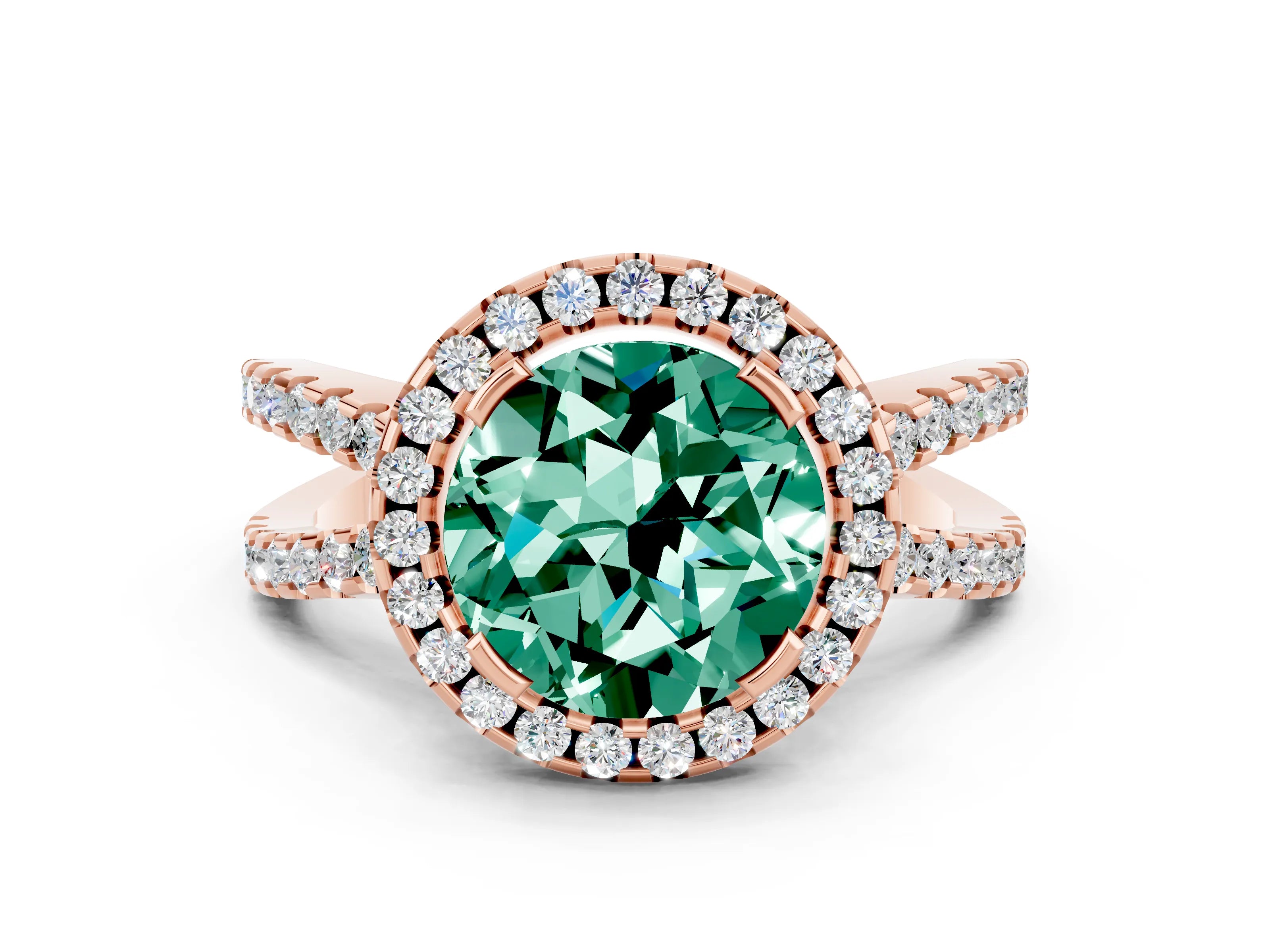 Rose gold Round Cut Green Sapphire Halo Ring with Split Shank Pavé Band and Prong Setting