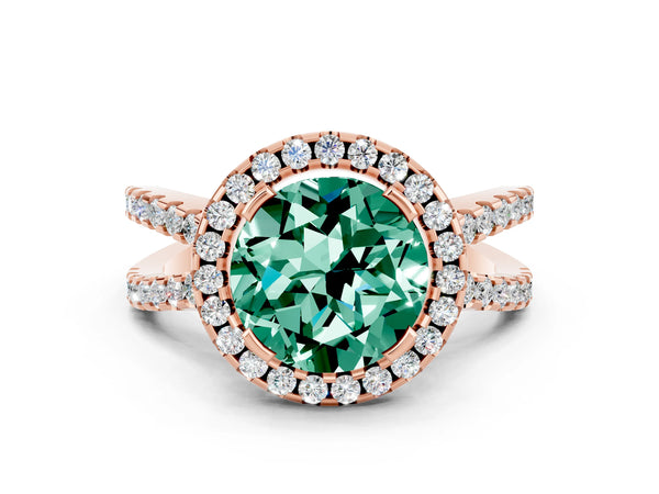Rose gold Round Cut Green Sapphire Halo Ring with Split Shank Pavé Band and Prong Setting