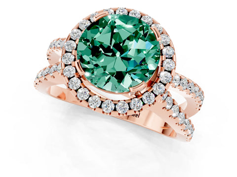 Rose gold Round Cut Green Sapphire Halo Ring with Split Shank Pavé Band and Prong Setting_1