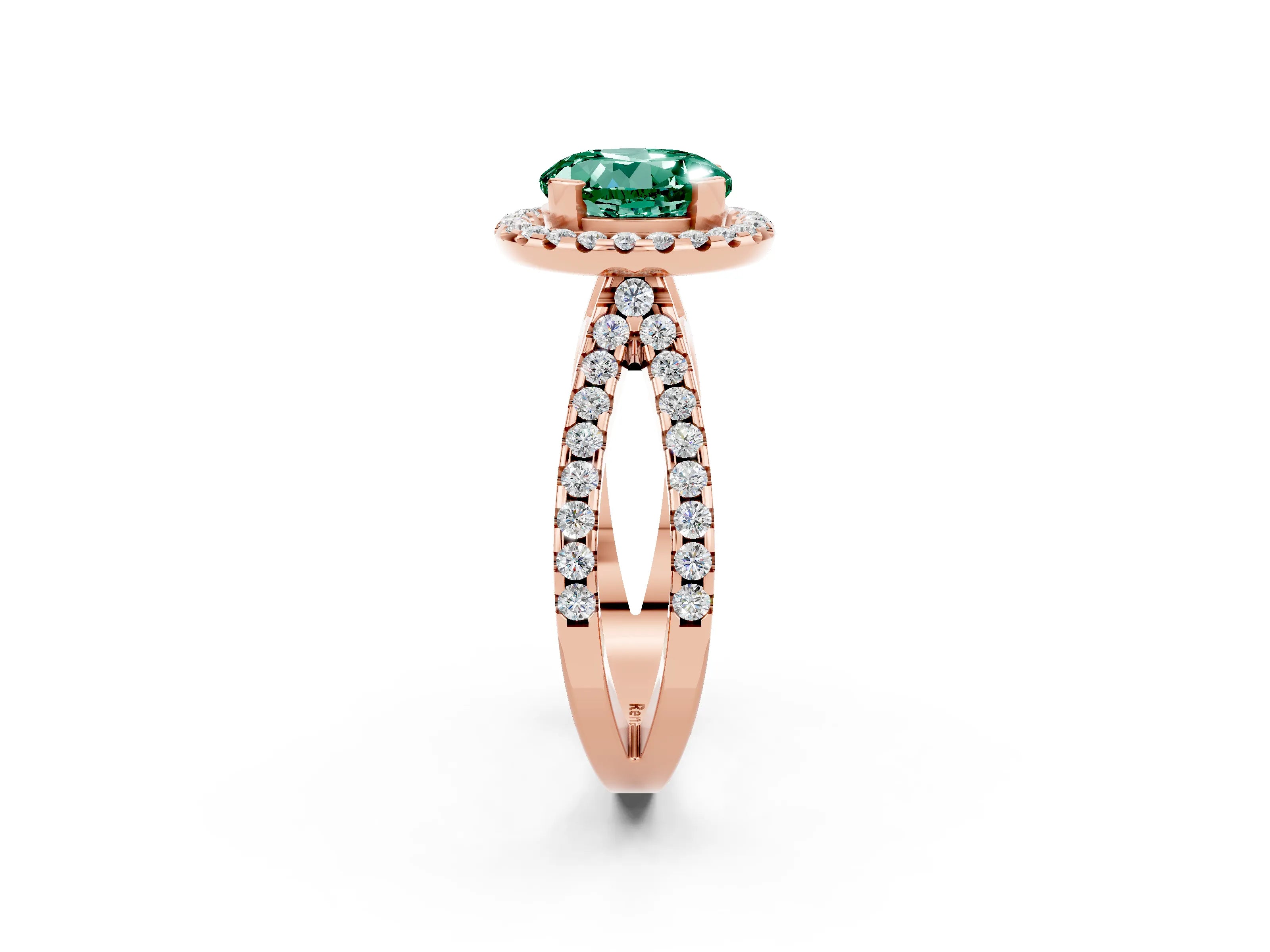 Rose gold Round Cut Green Sapphire Halo Ring with Split Shank Pavé Band and Prong Setting_2