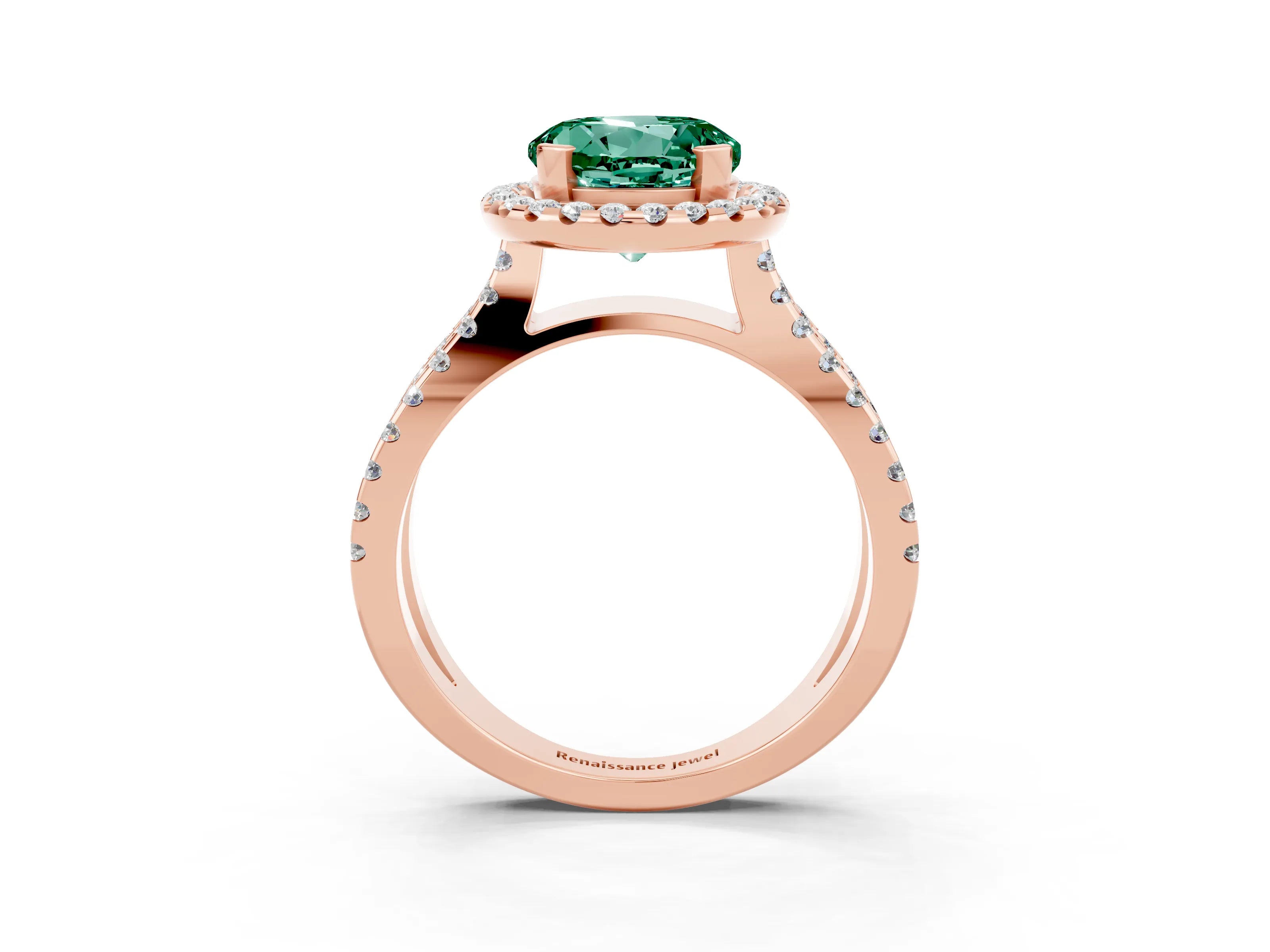 Rose gold Round Cut Green Sapphire Halo Ring with Split Shank Pavé Band and Prong Setting_3