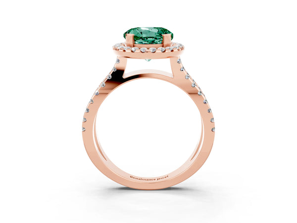 Rose gold Round Cut Green Sapphire Halo Ring with Split Shank Pavé Band and Prong Setting