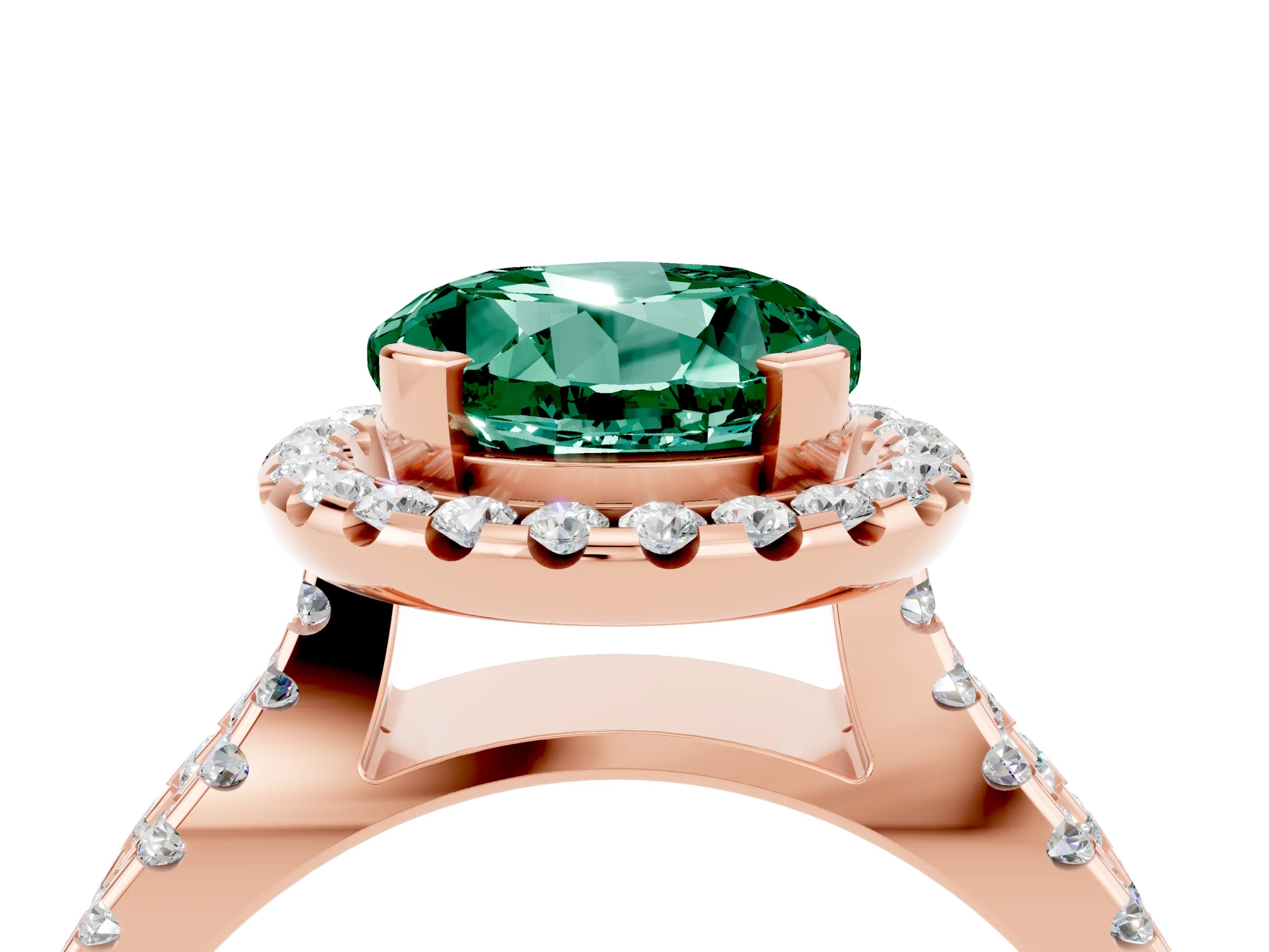 Rose gold Round Cut Green Sapphire Halo Ring with Split Shank Pavé Band and Prong Setting_4