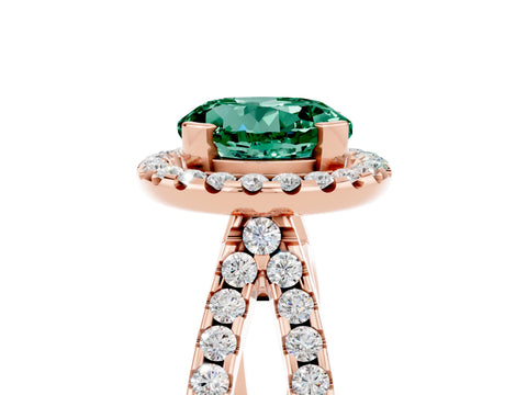 Rose gold Round Cut Green Sapphire Halo Ring with Split Shank Pavé Band and Prong Setting_5