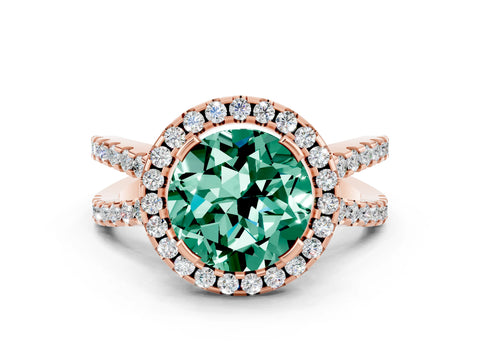 Rose gold Round Cut Green Sapphire Halo Ring with Split Shank Pavé Band and Prong Setting