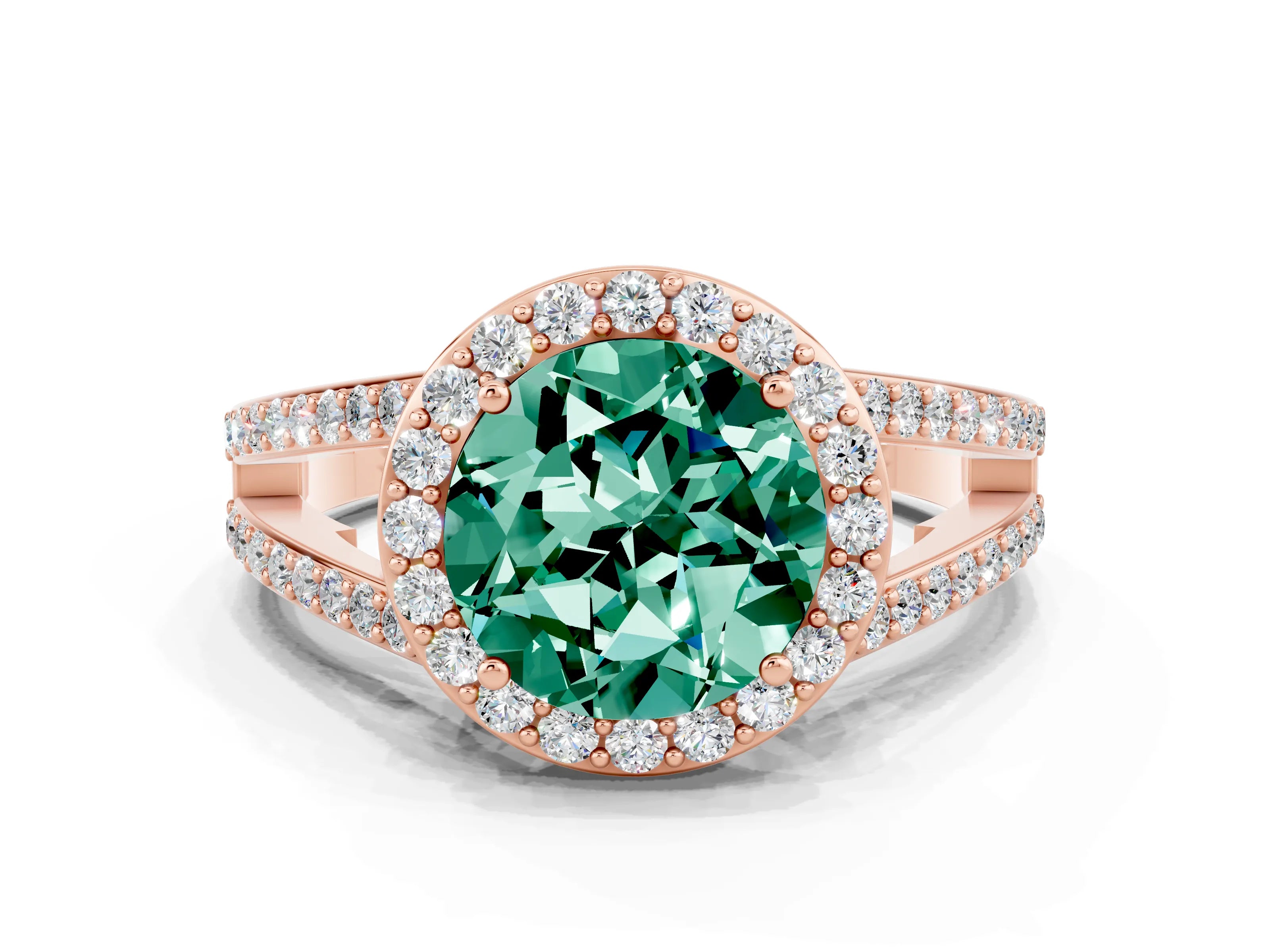 Rose gold Round Cut Green Sapphire Halo Ring with Split Shank U-Prong Band and Four-Prong Setting