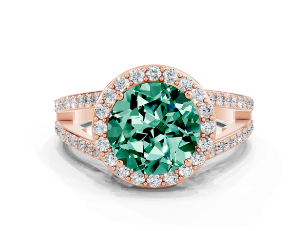 Rose gold Round Cut Green Sapphire Halo Ring with Split Shank U-Prong Band and Four-Prong Setting
