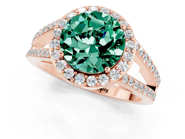 Rose gold Round Cut Green Sapphire Halo Ring with Split Shank U-Prong Band and Four-Prong Setting
