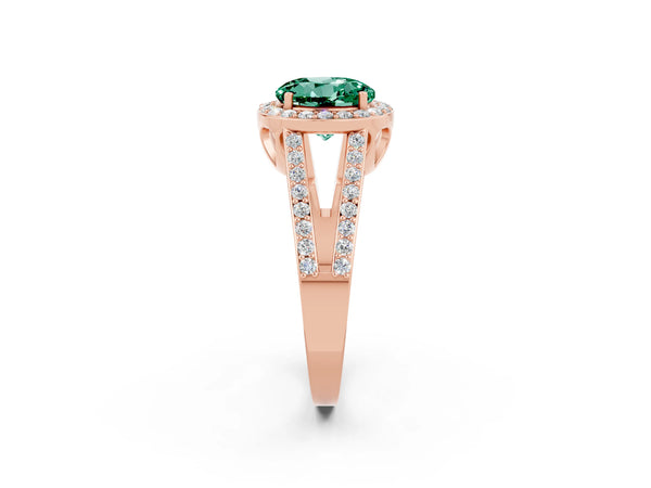 Rose gold Round Cut Green Sapphire Halo Ring with Split Shank U-Prong Band and Four-Prong Setting