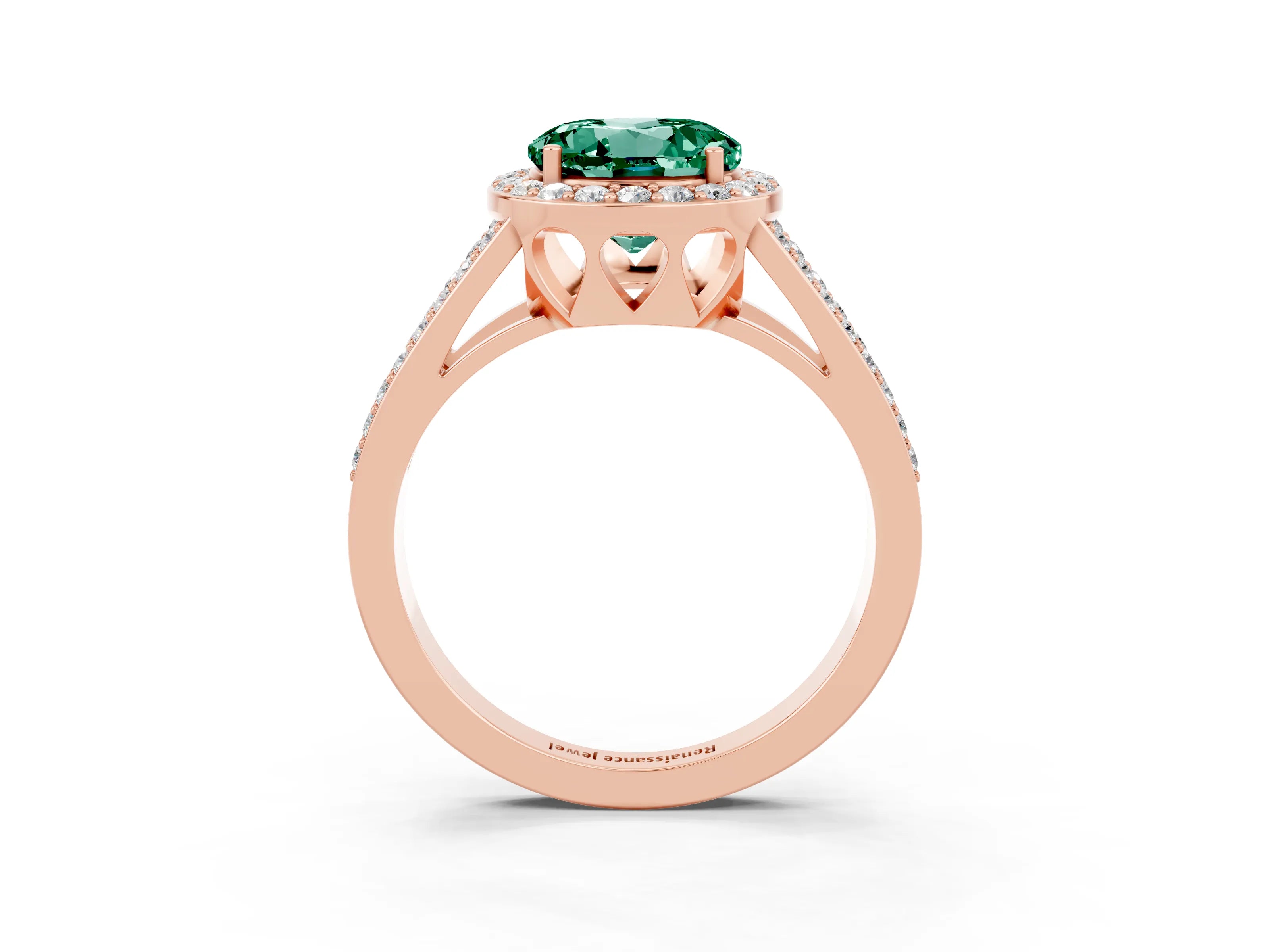 Rose gold Round Cut Green Sapphire Halo Ring with Split Shank U-Prong Band and Four-Prong Setting_3