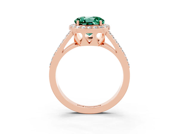 Rose gold Round Cut Green Sapphire Halo Ring with Split Shank U-Prong Band and Four-Prong Setting