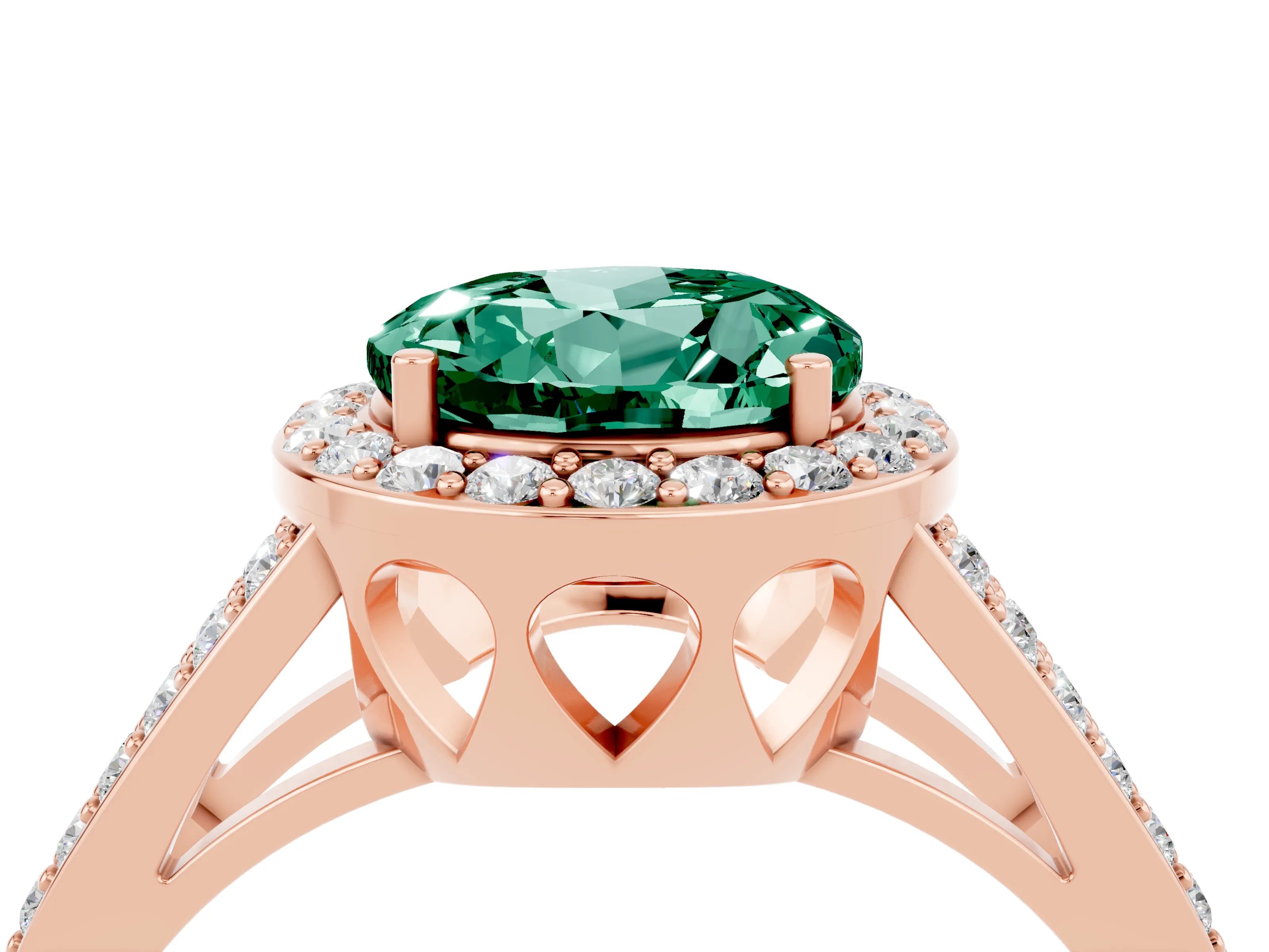 Rose gold Round Cut Green Sapphire Halo Ring with Split Shank U-Prong Band and Four-Prong Setting_4