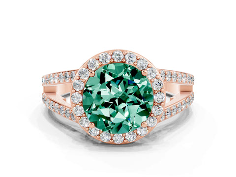 Rose gold Round Cut Green Sapphire Halo Ring with Split Shank U-Prong Band and Four-Prong Setting