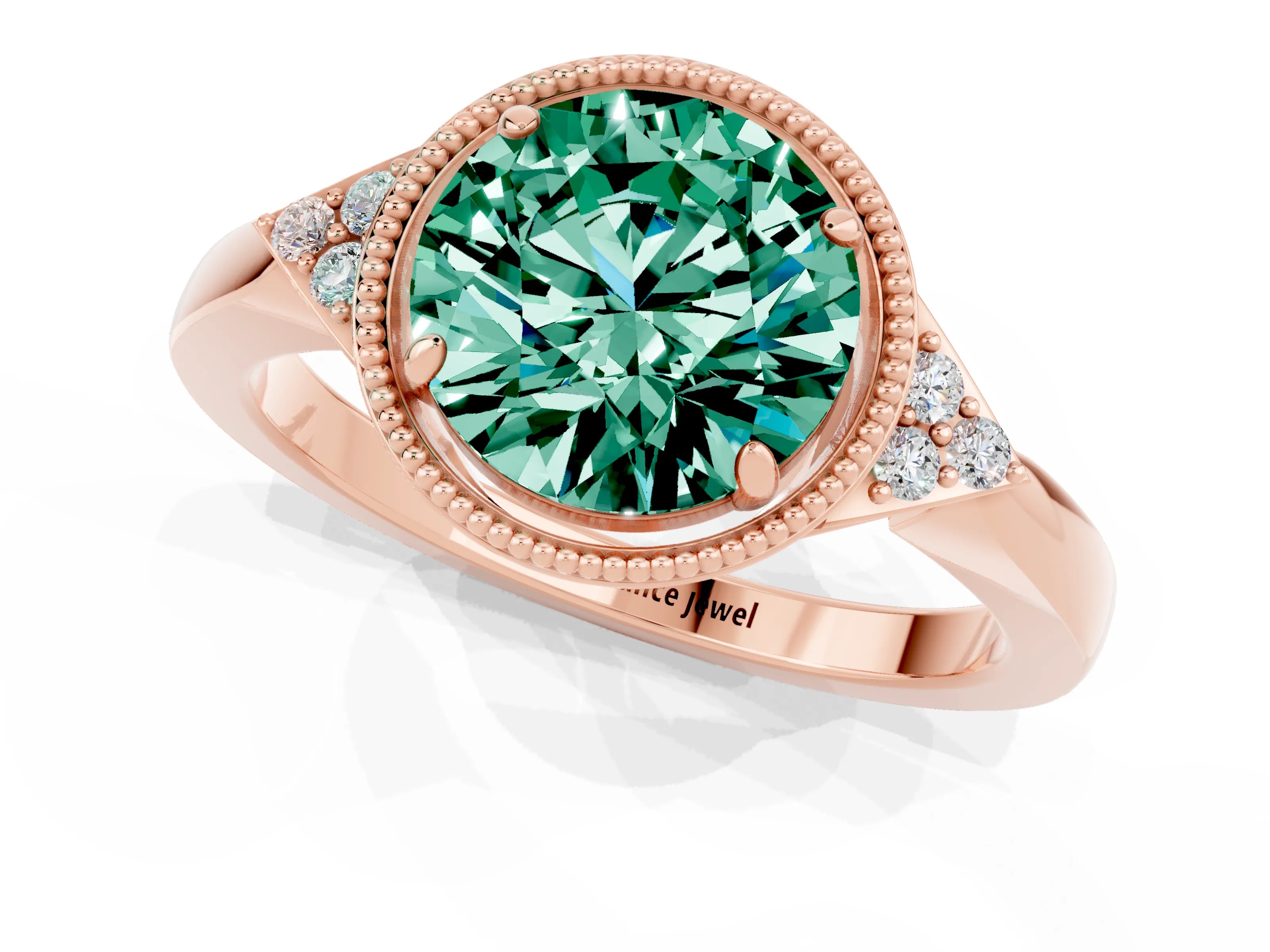 Rose gold Round Cut Green Sapphire Halo Ring with Tapered Band and Four-Prong Setting_1