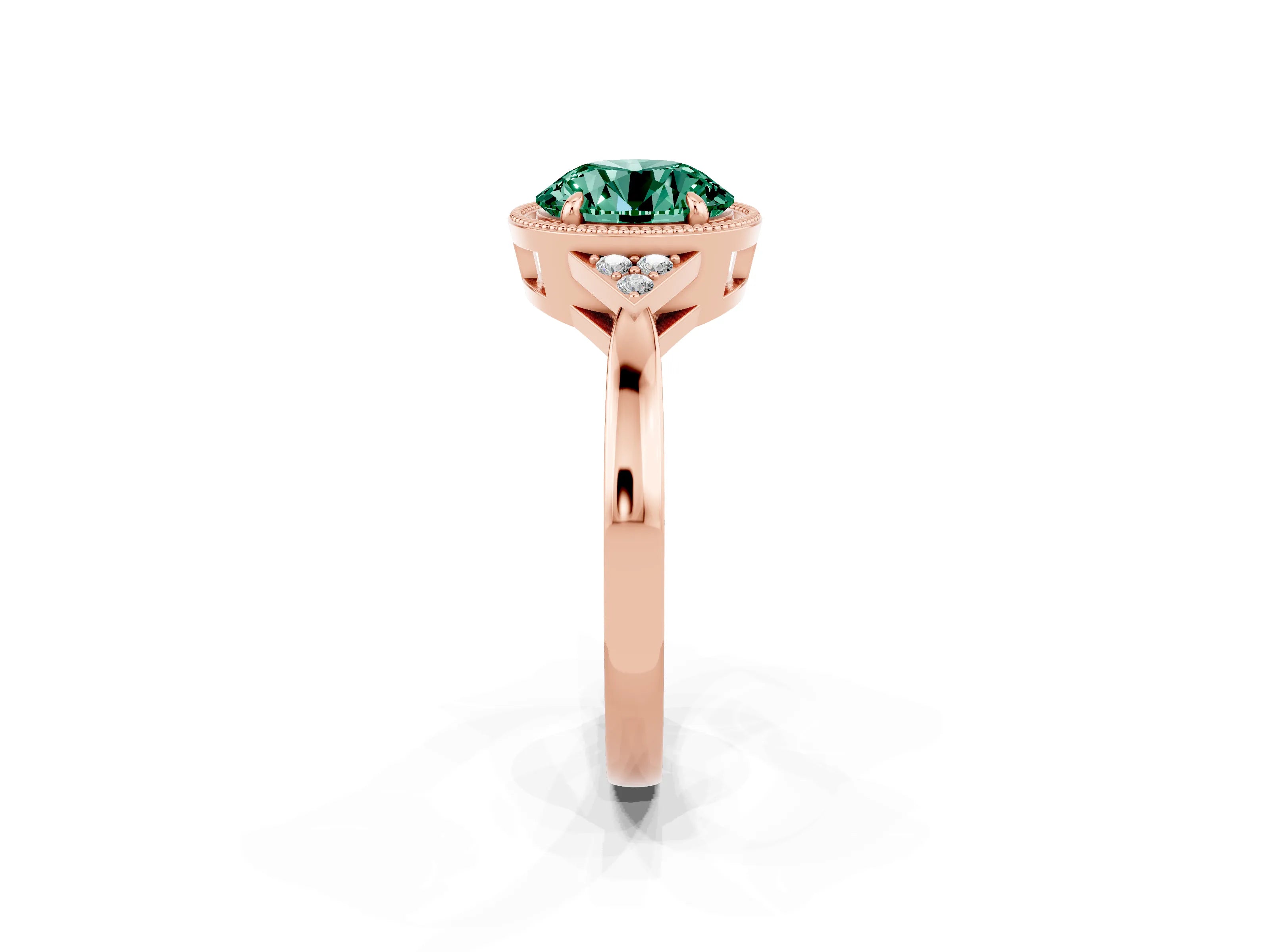 Rose gold Round Cut Green Sapphire Halo Ring with Tapered Band and Four-Prong Setting_2