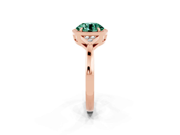 Rose gold Round Cut Green Sapphire Halo Ring with Tapered Band and Four-Prong Setting
