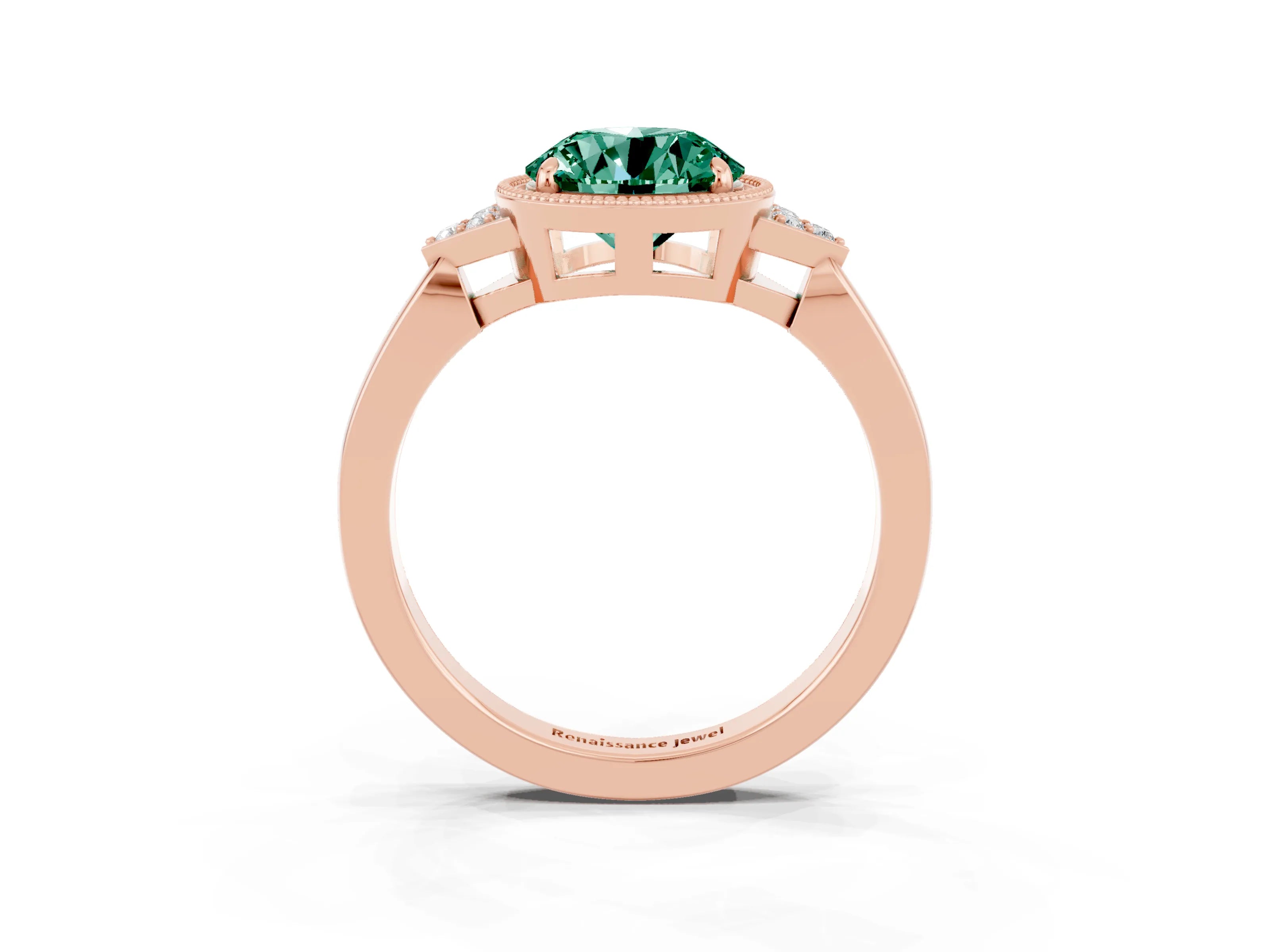 Rose gold Round Cut Green Sapphire Halo Ring with Tapered Band and Four-Prong Setting_3