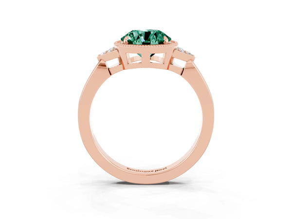 Rose gold Round Cut Green Sapphire Halo Ring with Tapered Band and Four-Prong Setting
