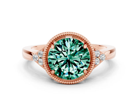 Rose gold Round Cut Green Sapphire Halo Ring with Tapered Band and Four-Prong Setting