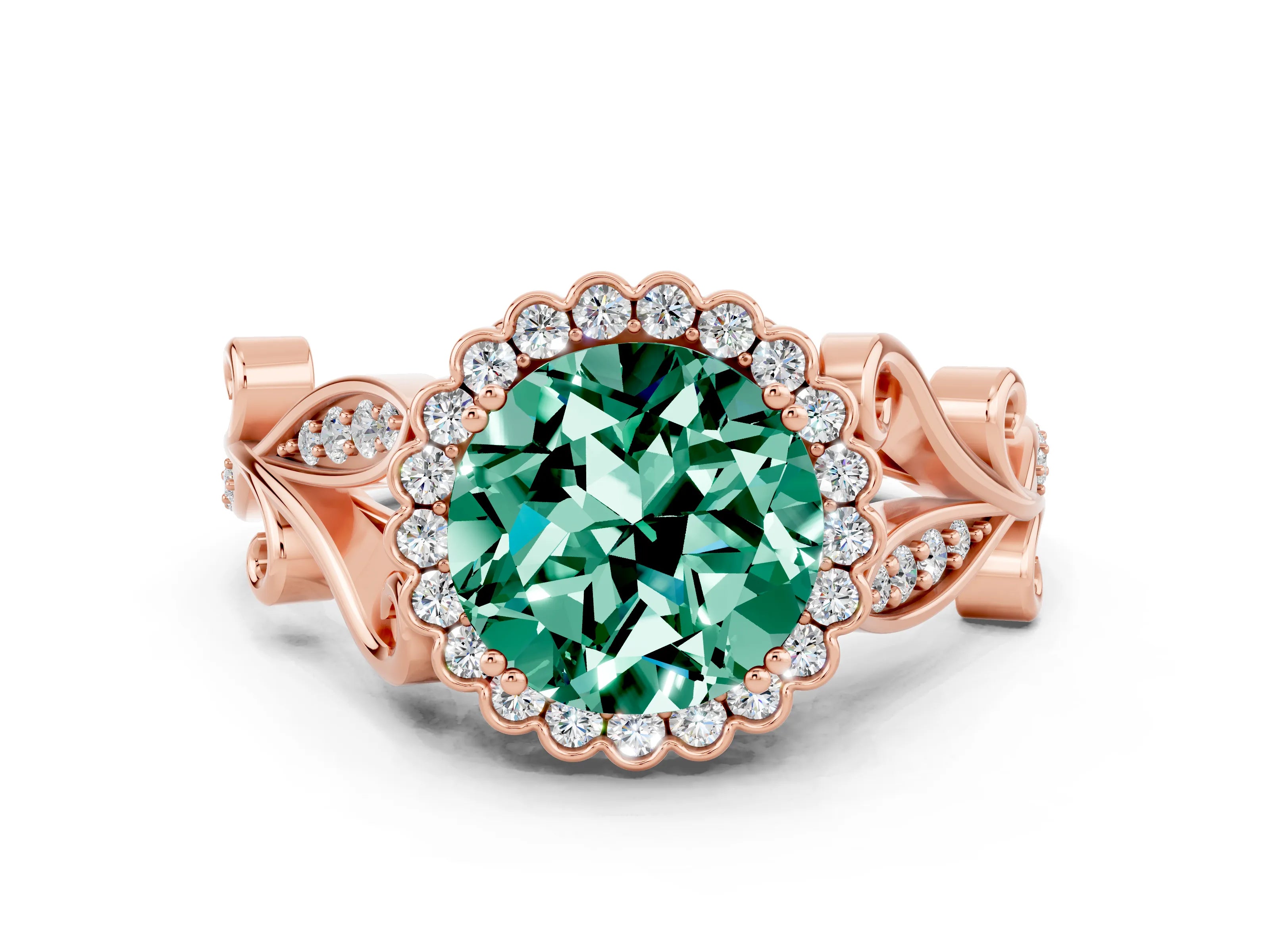 Rose gold Round Cut Green Sapphire Halo Ring with Vintage Split Shank and Four-Prong Setting_24