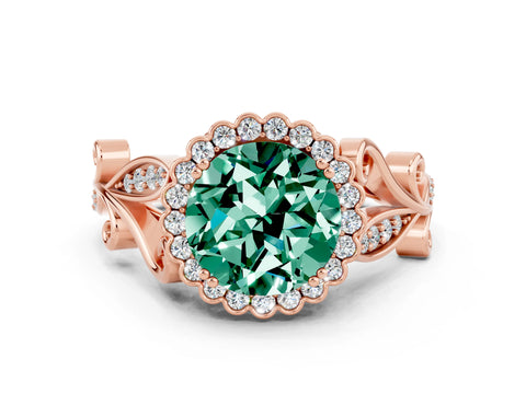 Rose gold Round Cut Green Sapphire Halo Ring with Vintage Split Shank and Four-Prong Setting_24