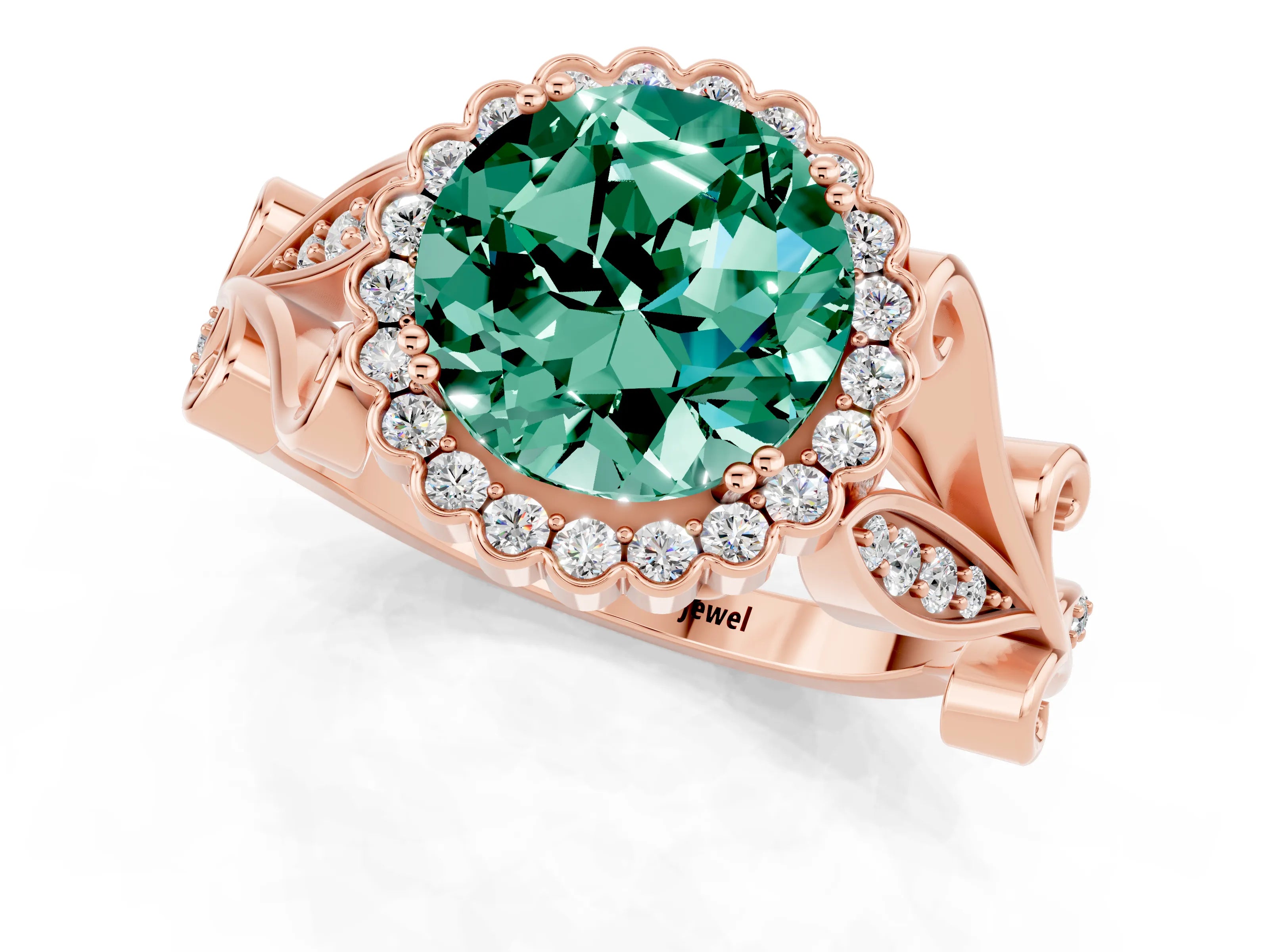 Rose gold Round Cut Green Sapphire Halo Ring with Vintage Split Shank and Four-Prong Setting_25