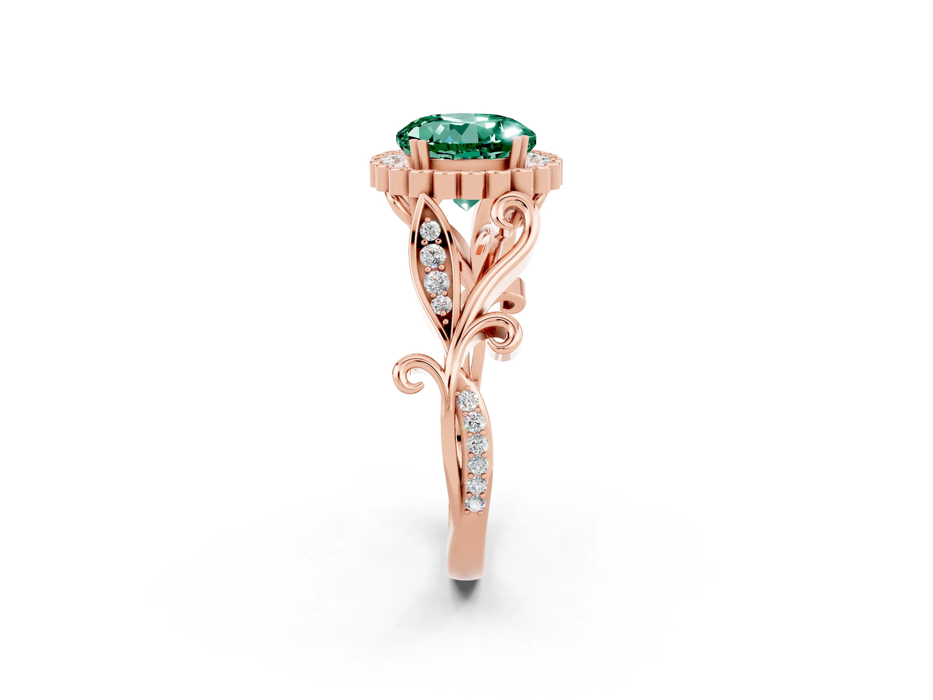Rose gold Round Cut Green Sapphire Halo Ring with Vintage Split Shank and Four-Prong Setting_26
