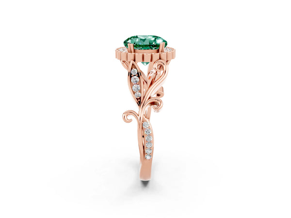 Rose gold Round Cut Green Sapphire Halo Ring with Vintage Split Shank and Four-Prong Setting
